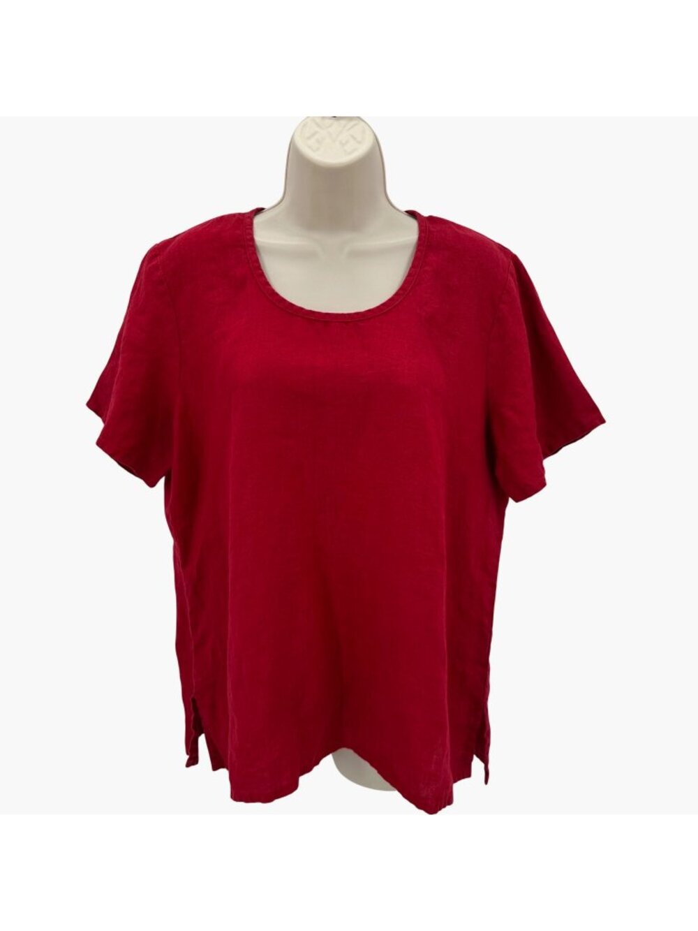 NWOT Flax Womens Red 100% Linen Side Slits Short Sleeve Top Size S